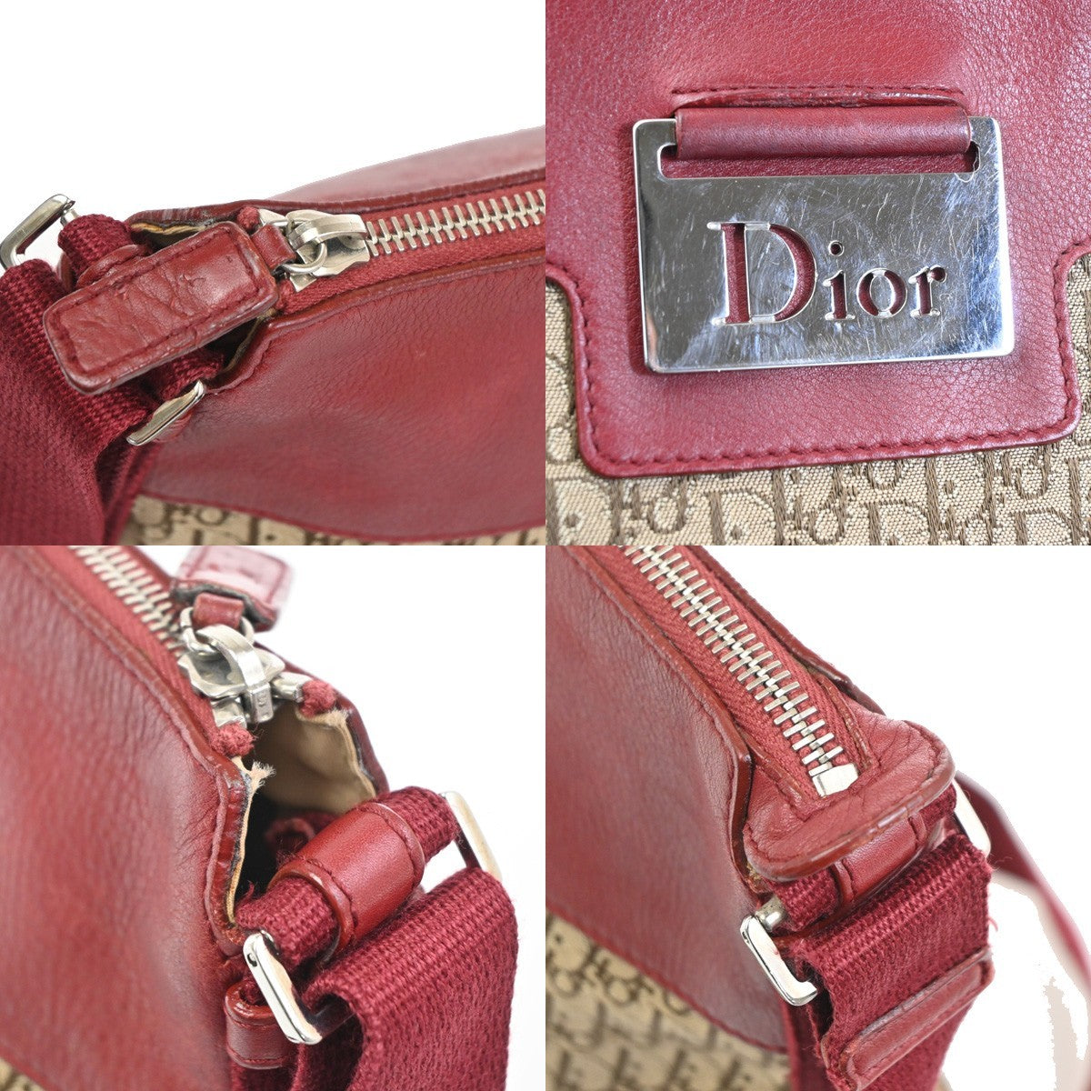 CHRISTIAN DIOR Logo Trotter Shoulder Bag Canvas Leather Red Brown 16TA621