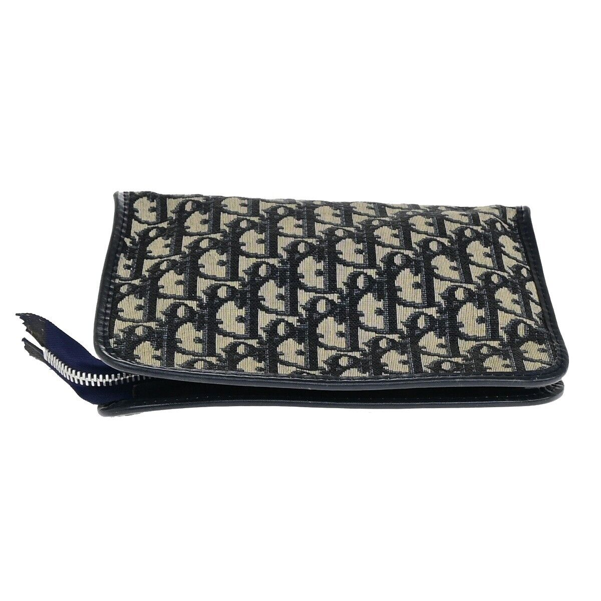 CHRISTIAN DIOR Logo Trotter Pattern Pouch Canvas Leather Navy Blue 01EC871