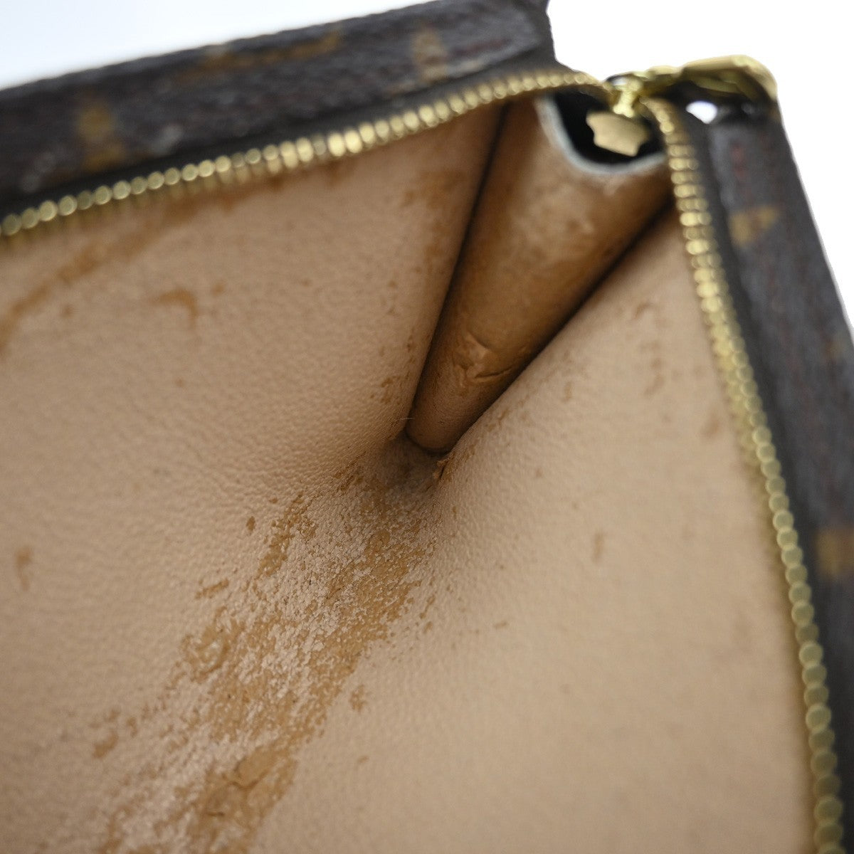 LOUIS VUITTON LV Logo Bucket PM Pouch Bag Monogram Leather Brown Gold 05EG107