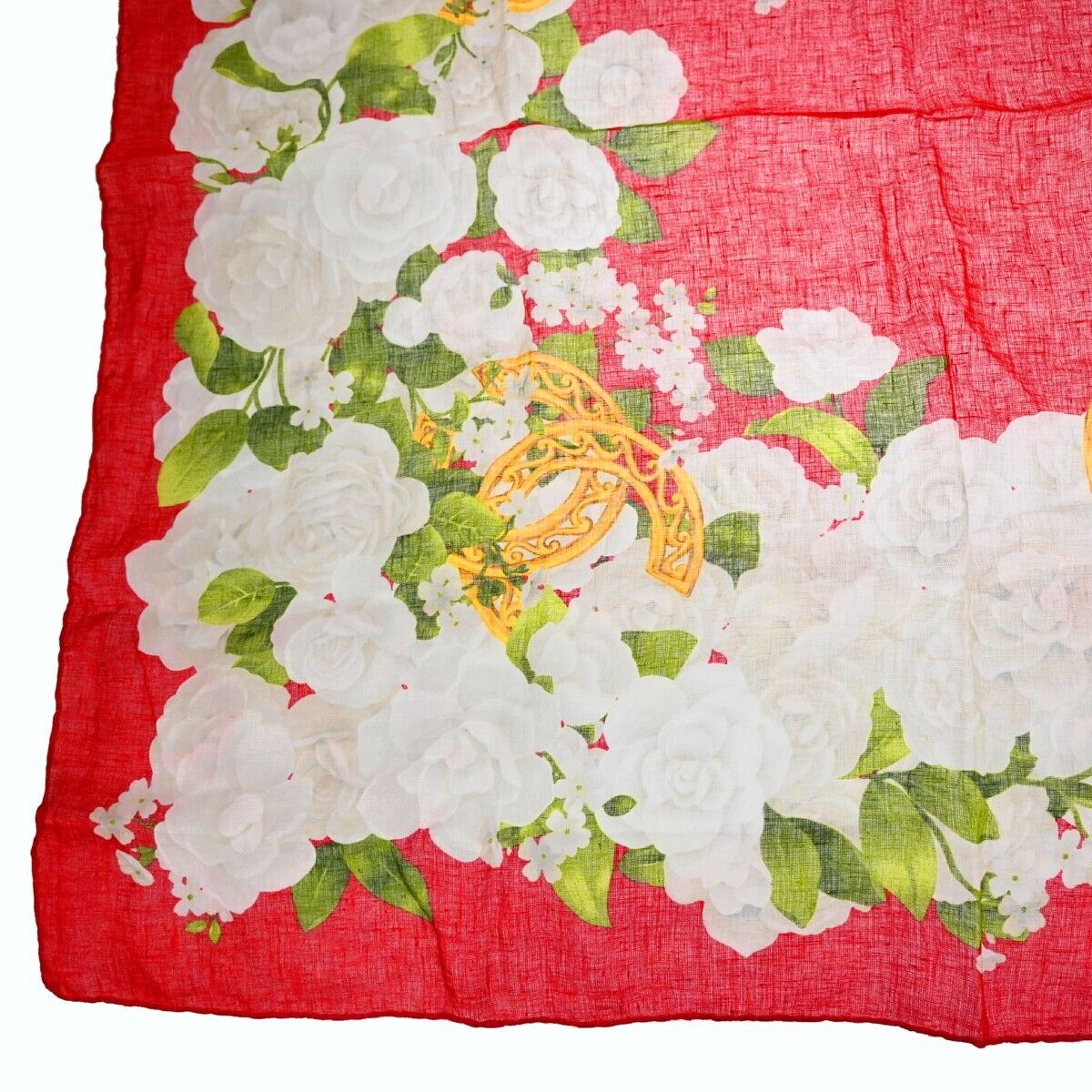 CHANEL CC Camellia XL JUMBO Scarf Handkerchief 100% Linen Red Accessory 61EA294