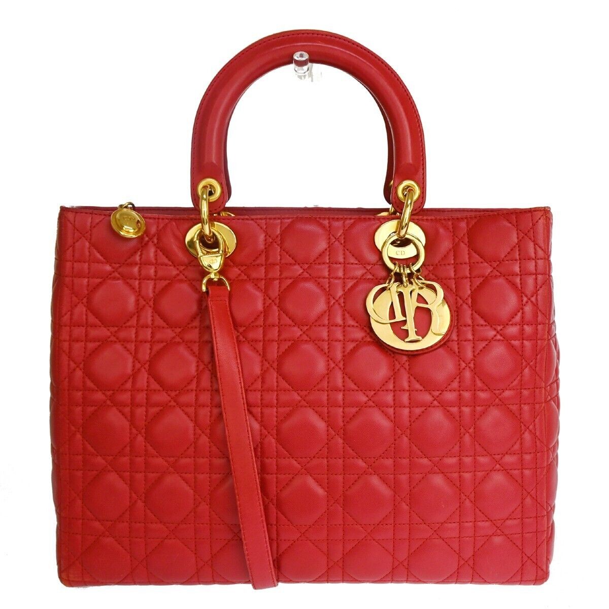 CHRISTIAN DIOR Lady Cannage 2Way Shoulder Hand Tote Bag Leather Red GHW 675RJ337