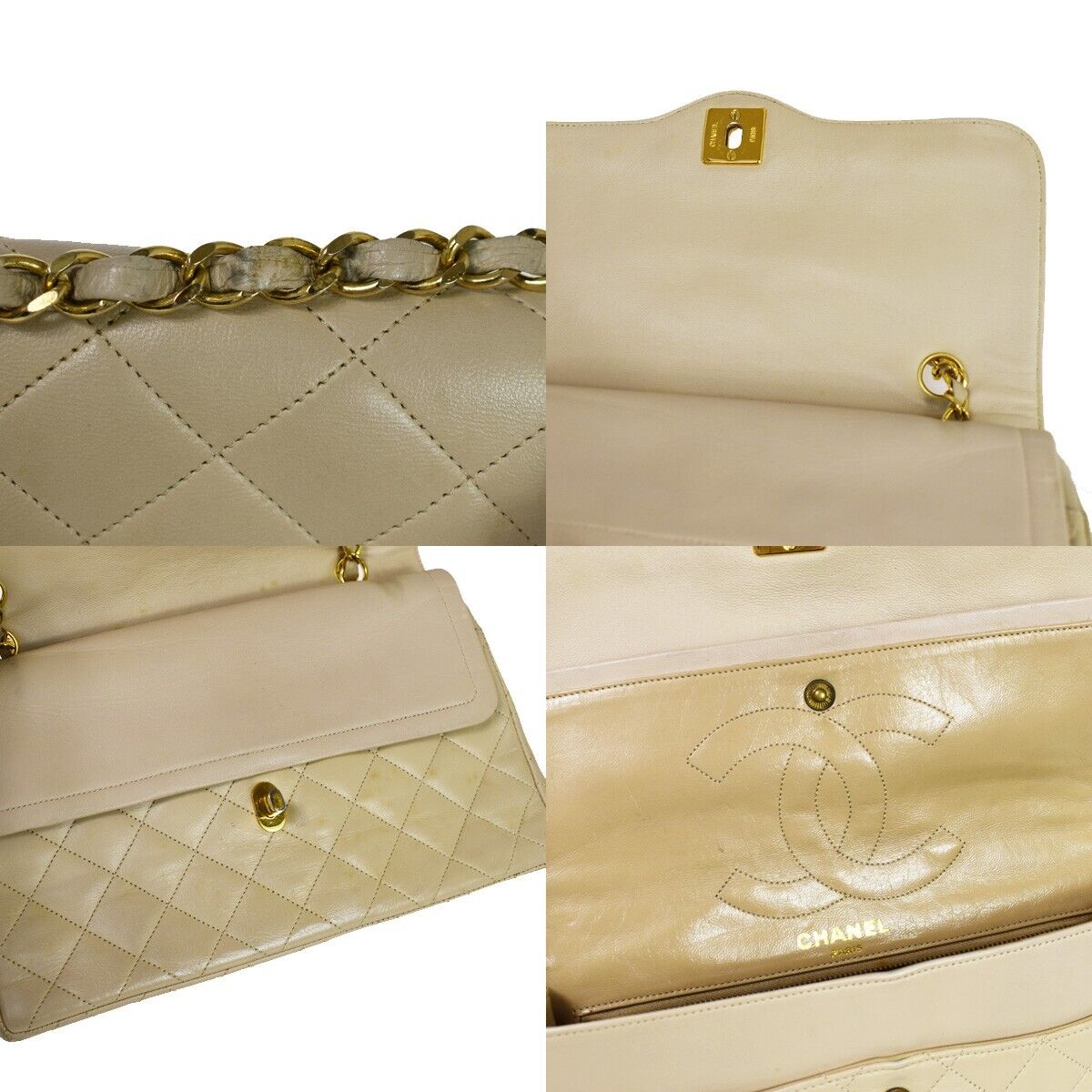 CHANEL CC Double Flap Paris Matelasse Chain Shoulder Bag Beige Vintage 648RH752