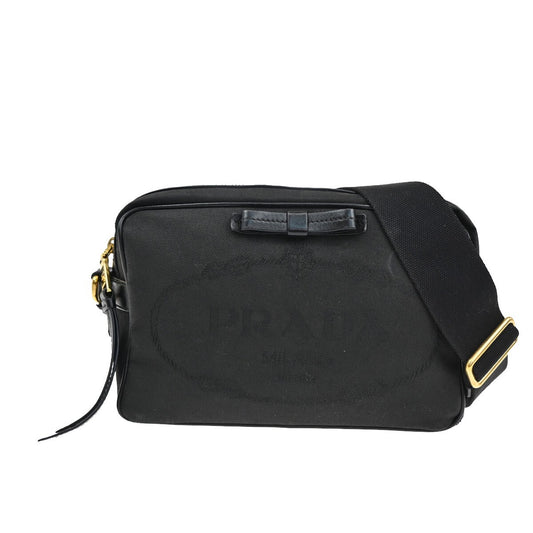 PRADA MILANO Logo Jacquard Shoulder Bag Canvas Leather Black Gold 76EE563