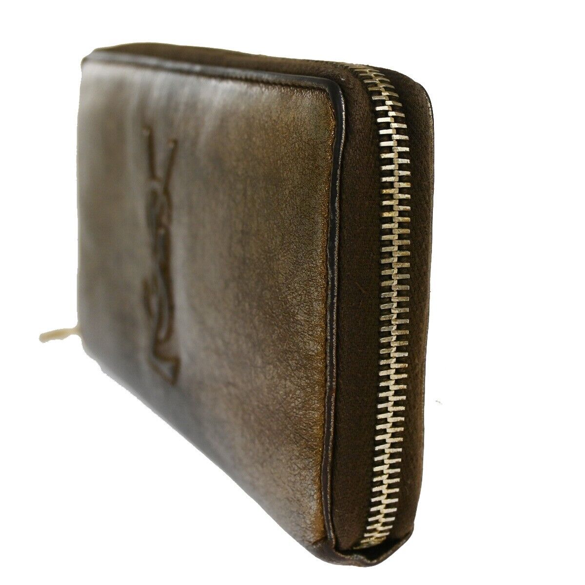 YVES SAINT LAURENT Logo Long Zipper Wallet Purse Leather Metallic Gold 07HB850