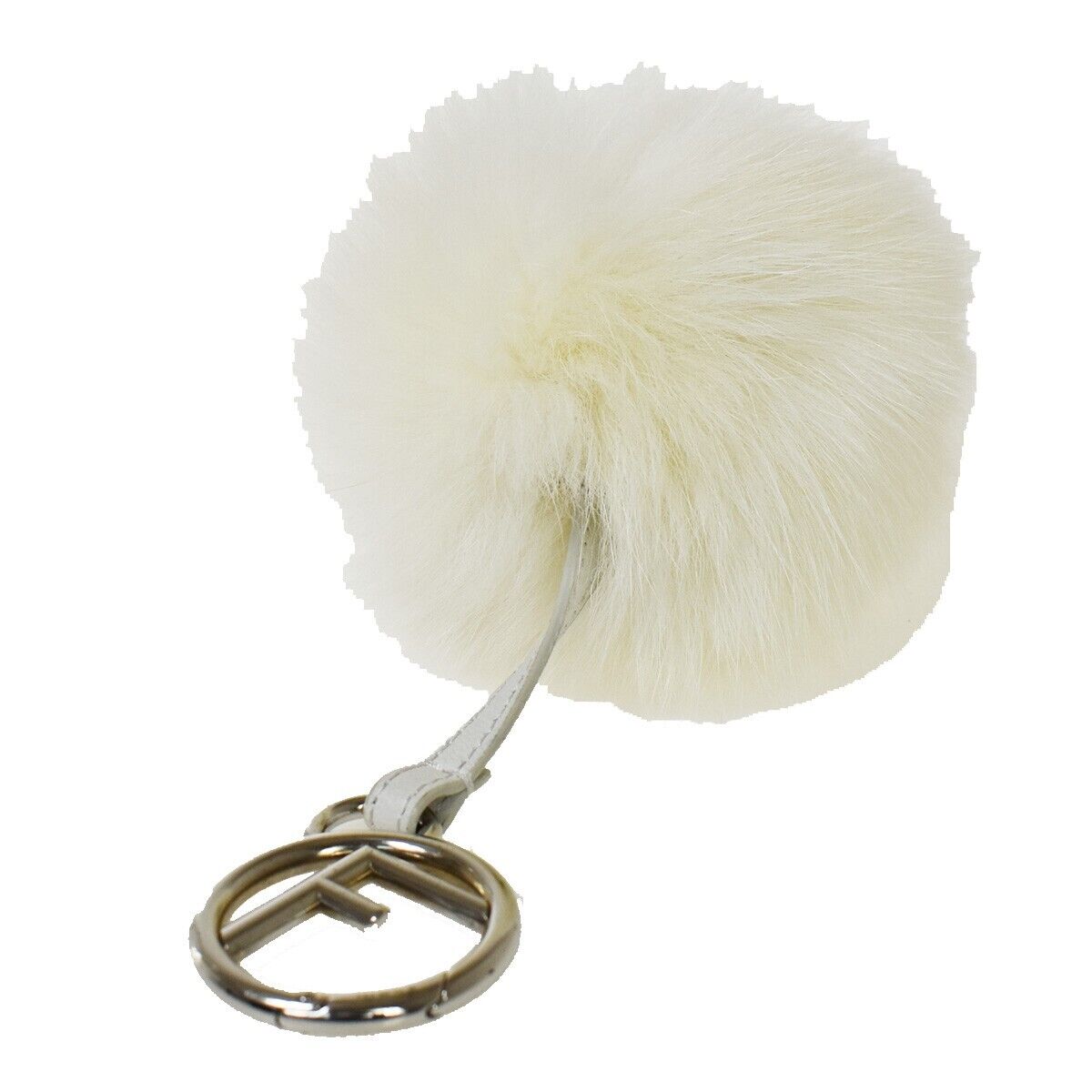 FENDI Logo Pompom Bag Charm Key Ring Fox Fur Leather White Italy 04JH636