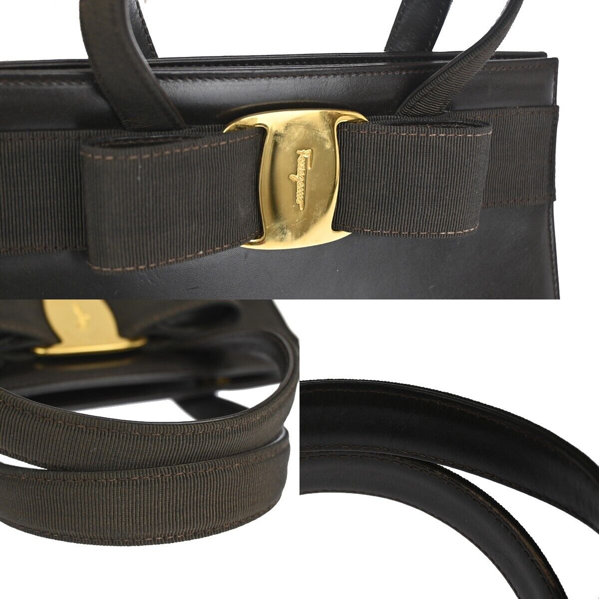SALVATORE FERRAGAMO Logo Vara Hand Bag Canvas Leather Brown Gold Italy 62YD714