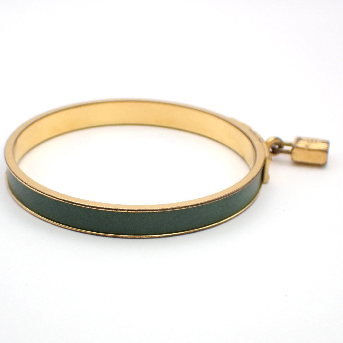 HERMES Logo Kelly Charm Bangle Bracelet Embossing Leather Green Gold 62KP350