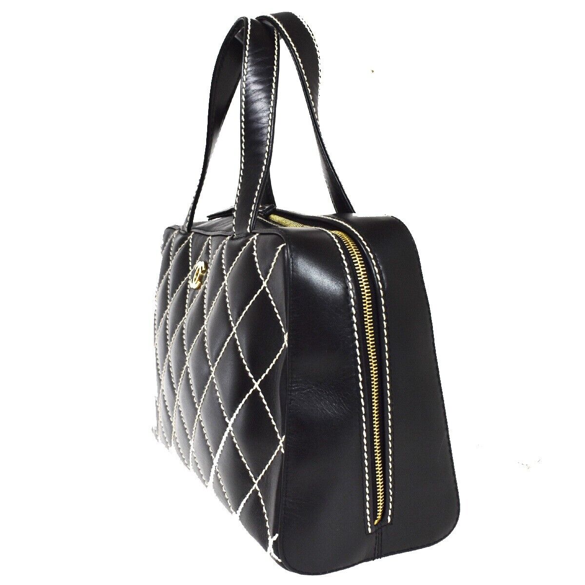 CHANEL CC Logo Wild Stitch Hand Tote Bag Leather Black GHW Italy 673RC754