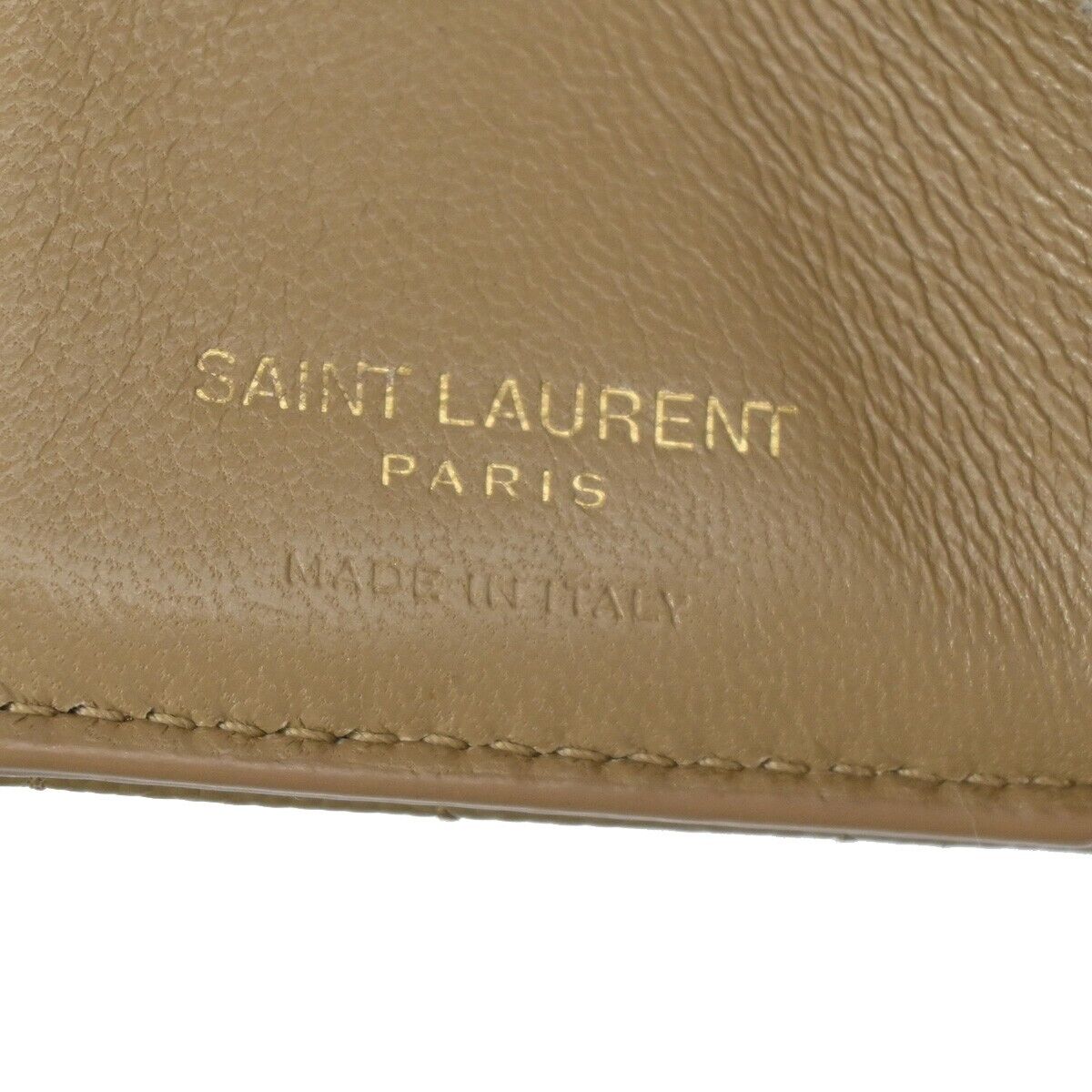 SAINT LAURENT YSL Logo Trifold Wallet Purse Leather Beige Gold Italy 66SH093