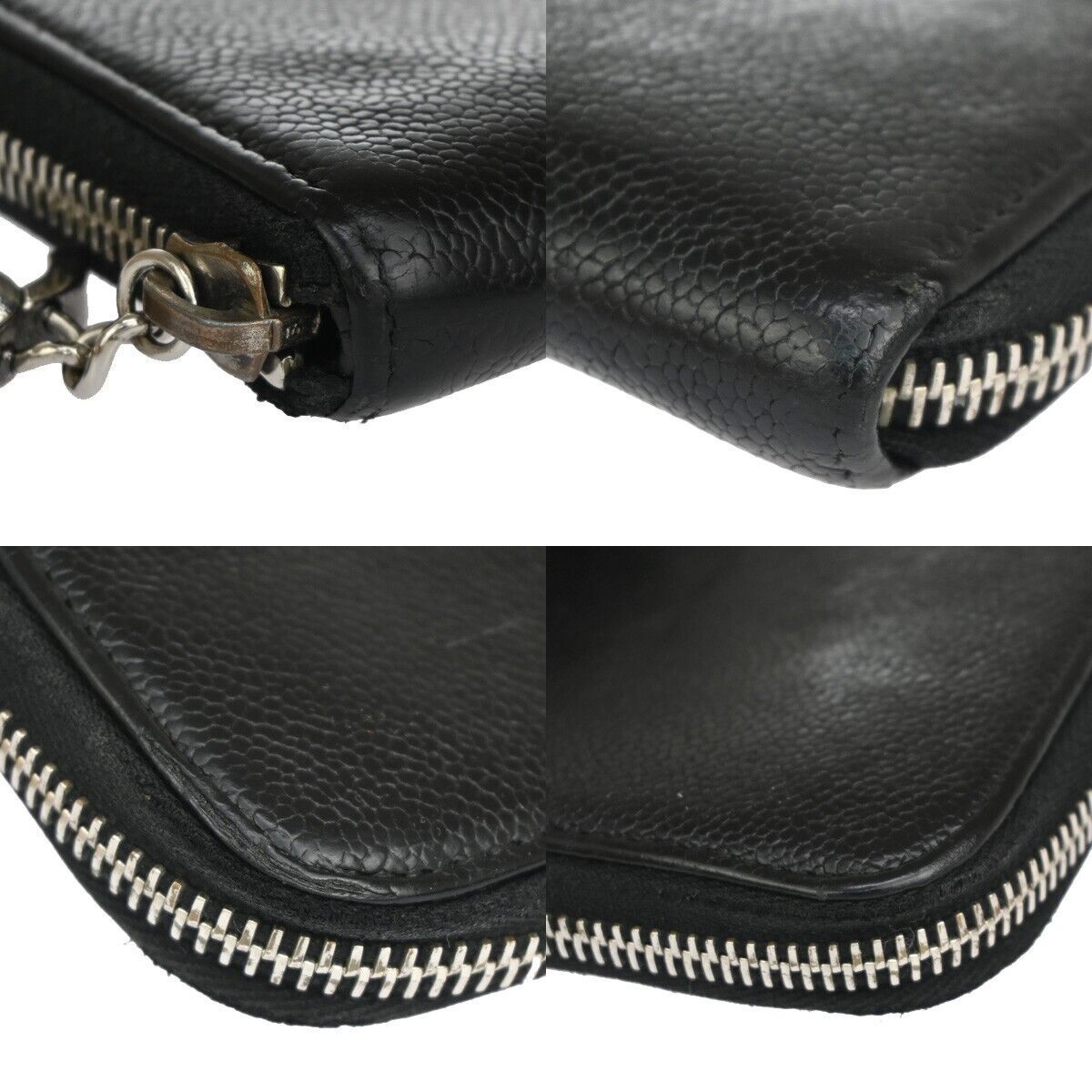 CHANEL CC Logo Zipper Long Bifold Wallet Purse Caviar Skin Leather Black 38YC420