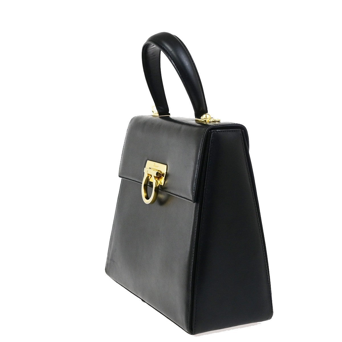 SALVATORE FERRAGAMO Logo Gancini Hand Bag Leather Black GHW Italy 38KD151