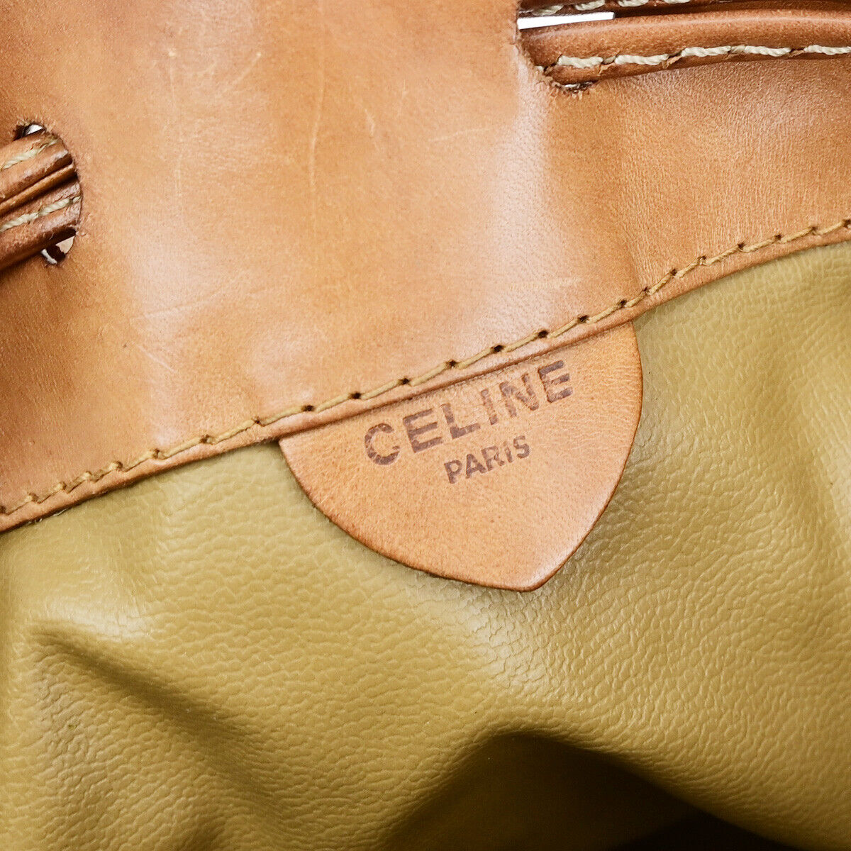CELINE Macadam Drawstring Shoulder Tote Bag PVC Leather Beige Brown GHW 33YF570