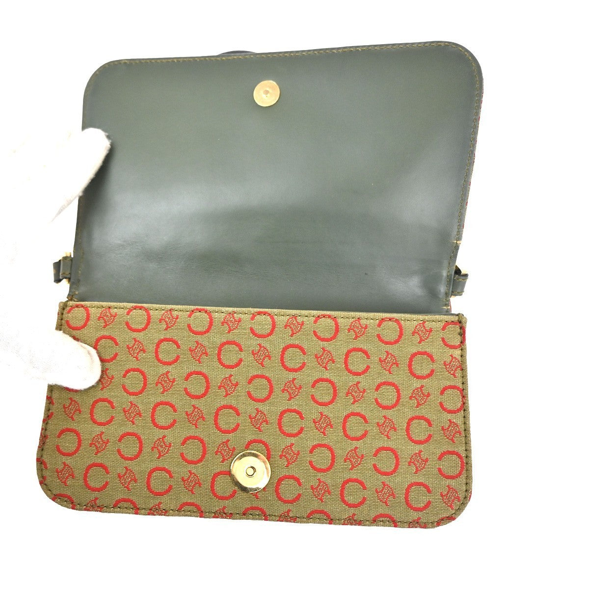 CELINE C Macadam Mini Shoulder Hand Bag Canvas Leather Green GHW 38TA468