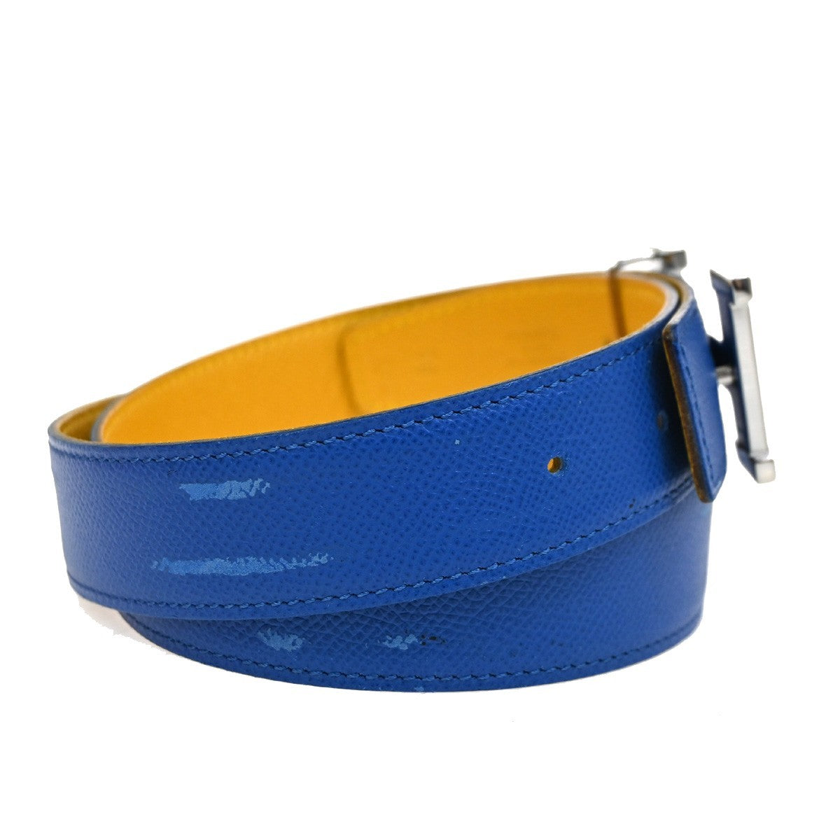 HERMES H Logo Constance Reversible Buckle Belt Leather #80 SHW Blue YW 82KC662