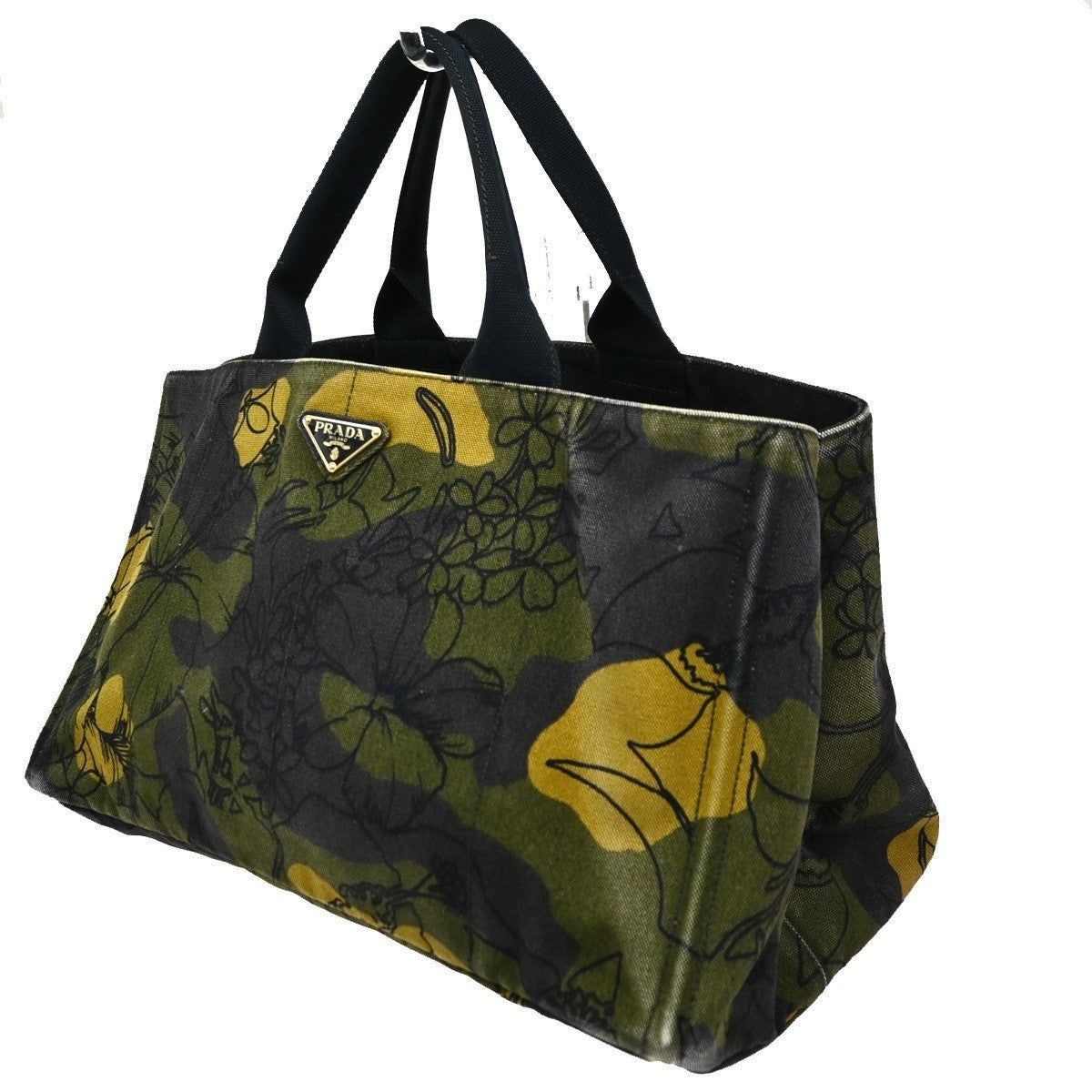 PRADA Plate Logo Canapa Hand Bag  Canvas Camouflage Green 83TA399