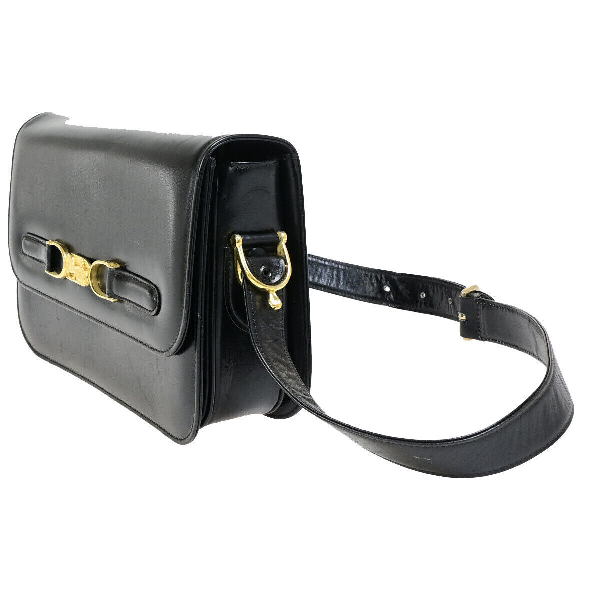 CELINE Logo Horse Carriage Shoulder Bag Leather Black GHW Italy 63YG344