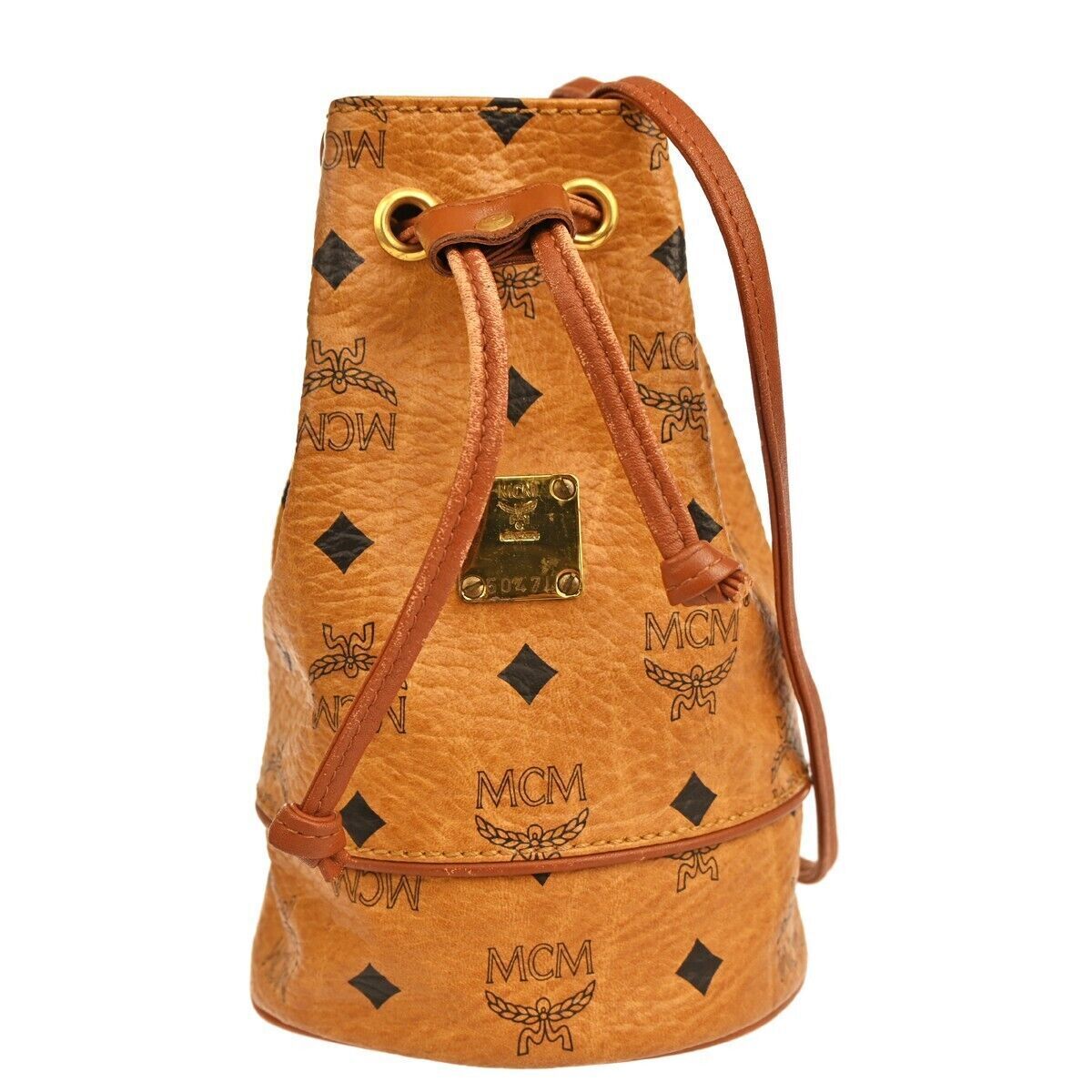 MCM Drawstring Shoulder Bag Leather Brown Gold Plated Made In Germany 68GA036