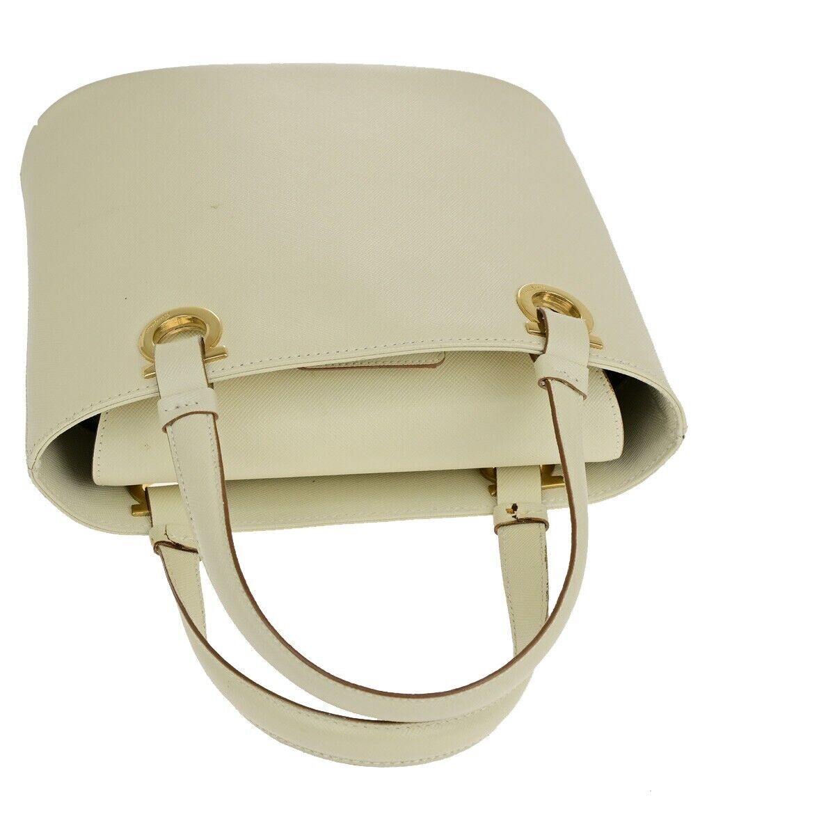 SALVATORE FERRAGAMO Logo Gancini Hand Bag Leather White Gold Italy 68SJ152