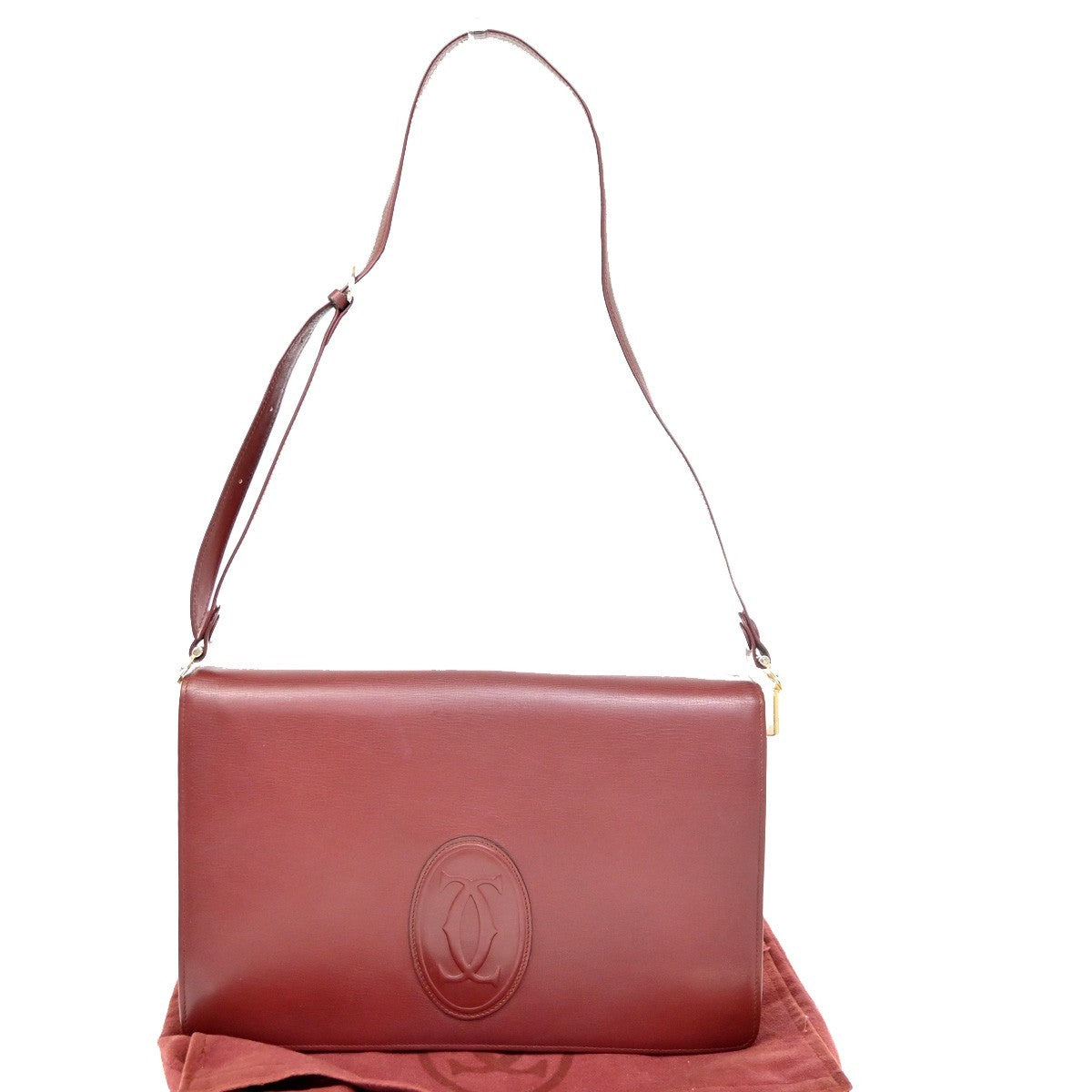 MUST DE CARTIER 2C Logo Flap Shoulder Bag Leather Bordeaux Red GHW Italy 66ZA041