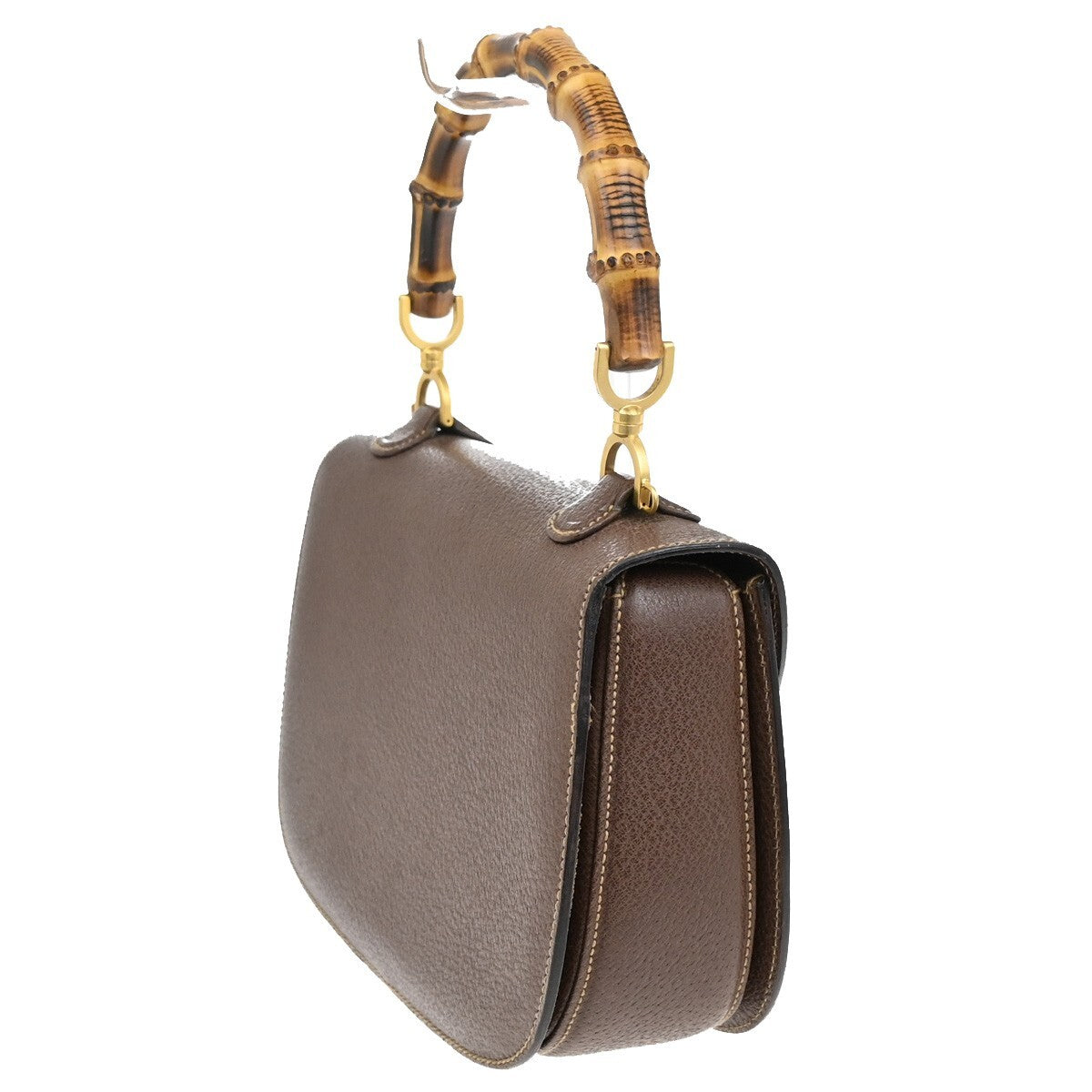 GUCCI Logo Bamboo Top Handle Hand Bag Leather Brown Gold Italy 52EE415