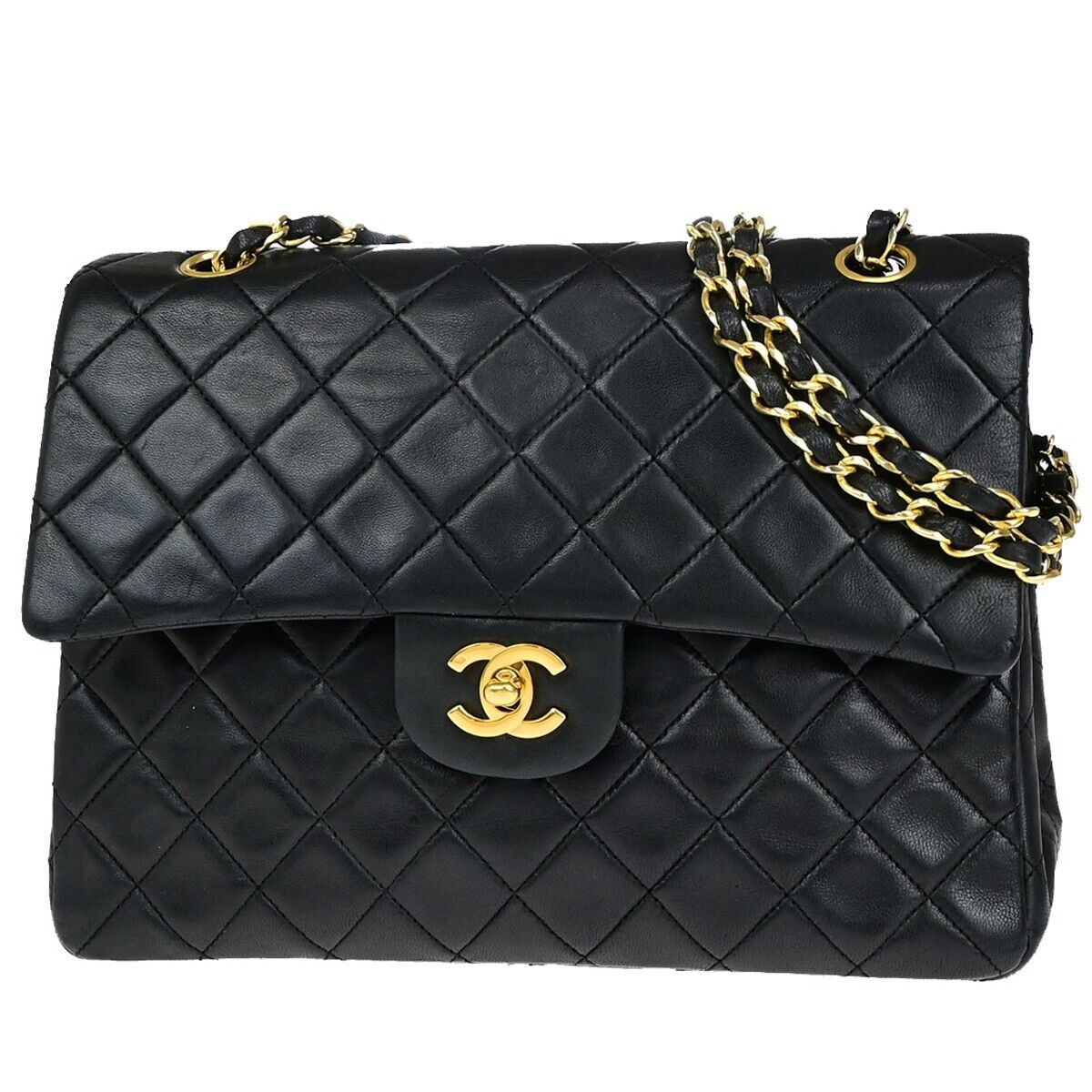 CHANEL CC Matelasse 25 Double Flap Chain Shoulder Bag Leather Black GHW 809RK651