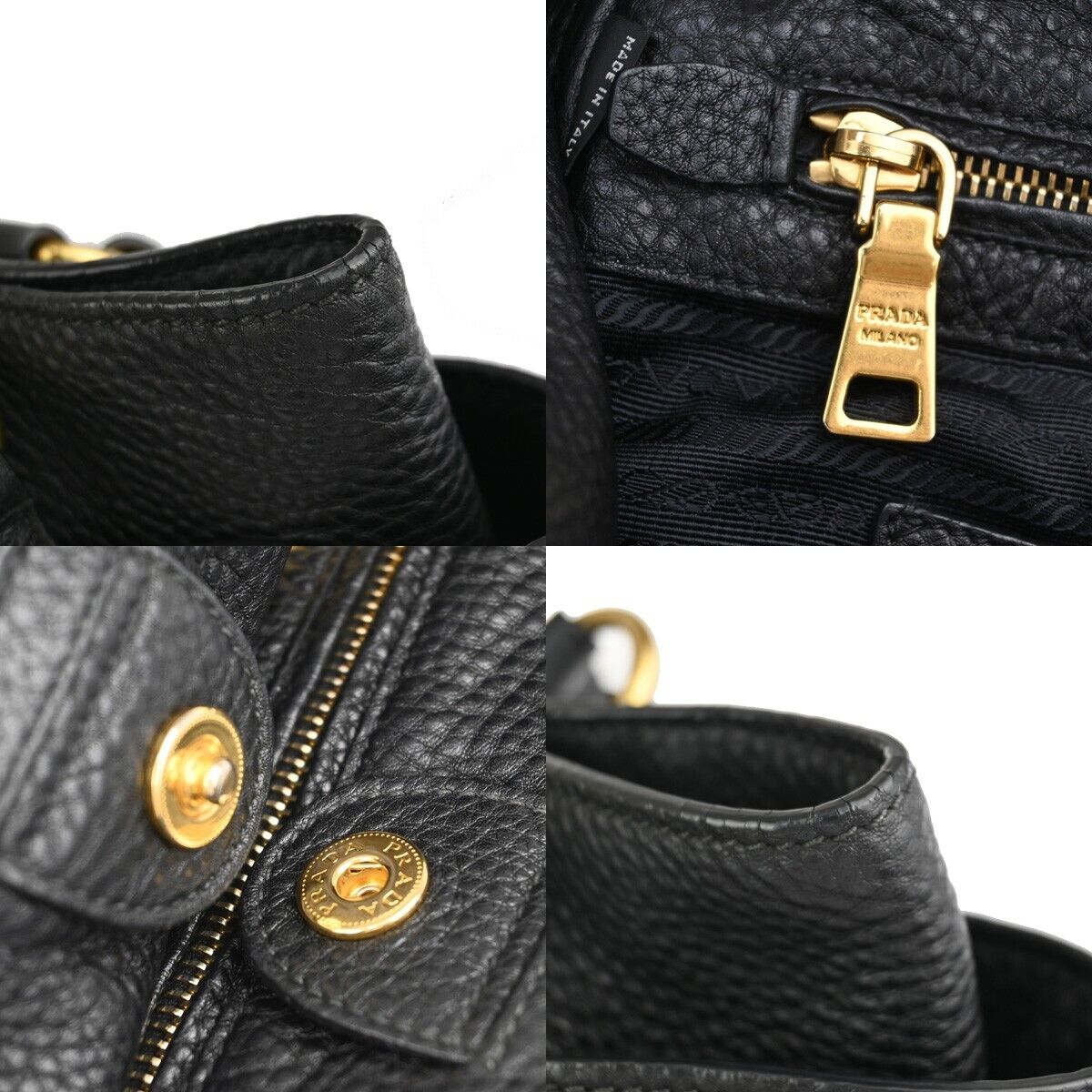 PRADA Logo Shoulder Tote Bag Leather Black Gold Made in Italy 93EA812