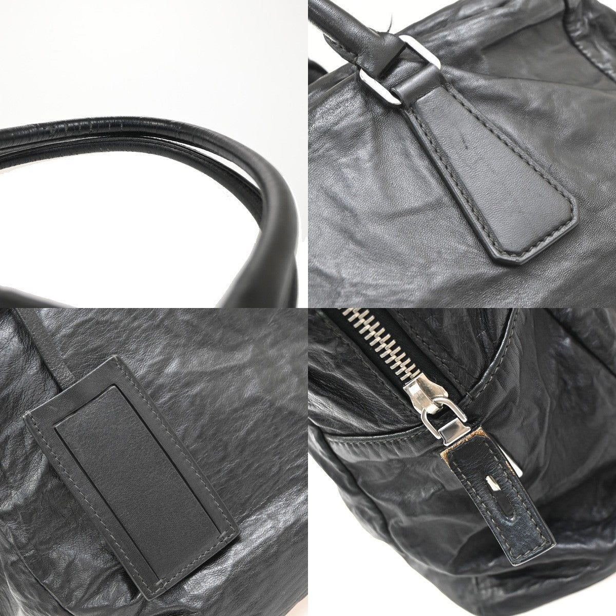 PRADA MILANO Logo Business Shoulder Hand Tote Bag Leather Black Sliver 76KP343