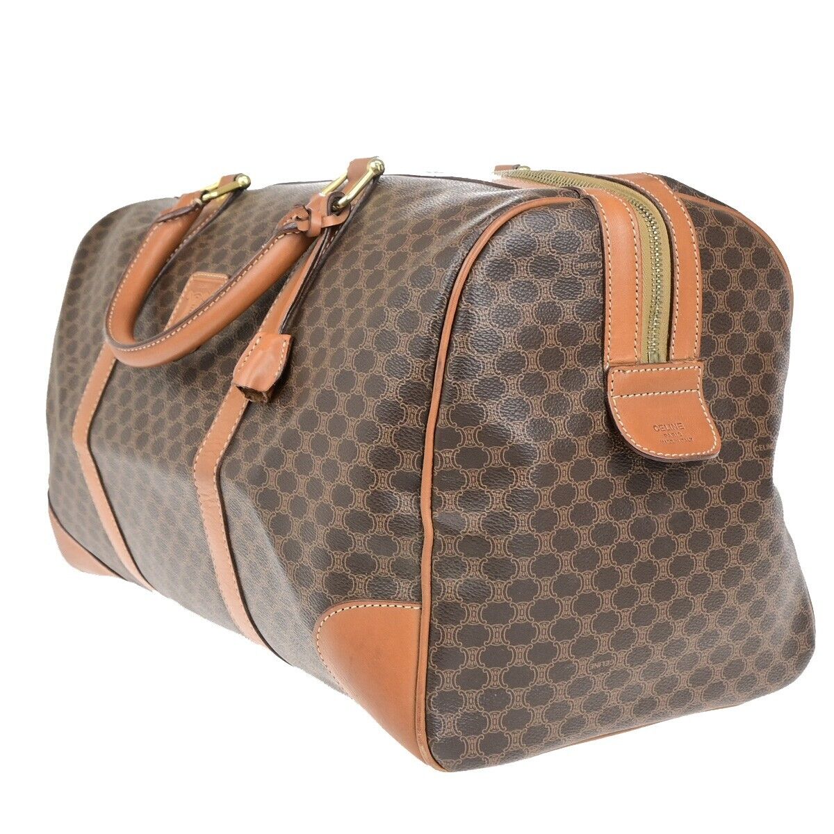 CELINE Logo Macadam Pattern Travel Hand Bag PVC Leather Brown Gold Italy 62EC911