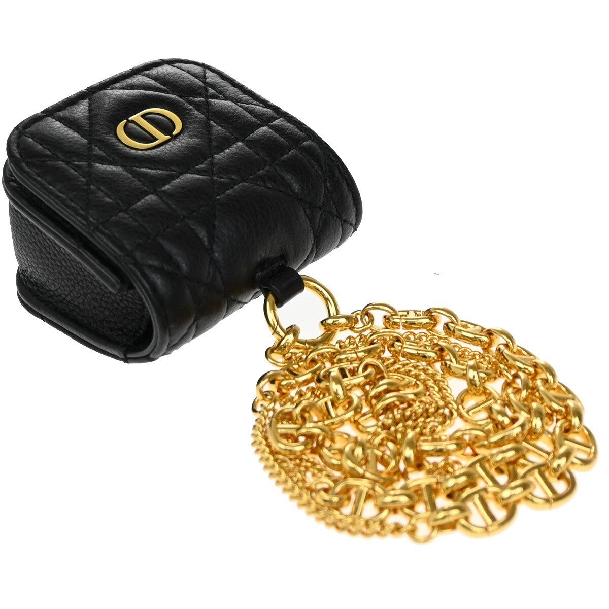 CHRISTIAN DIOR Logo Lady Cannage Air Pods Case Leather Black GHW Italy 82RF260
