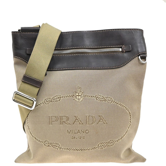 PRADA MILANO Logo Crossbody Shoulder Bag Canvas Nylon Leather Brown 83CA654