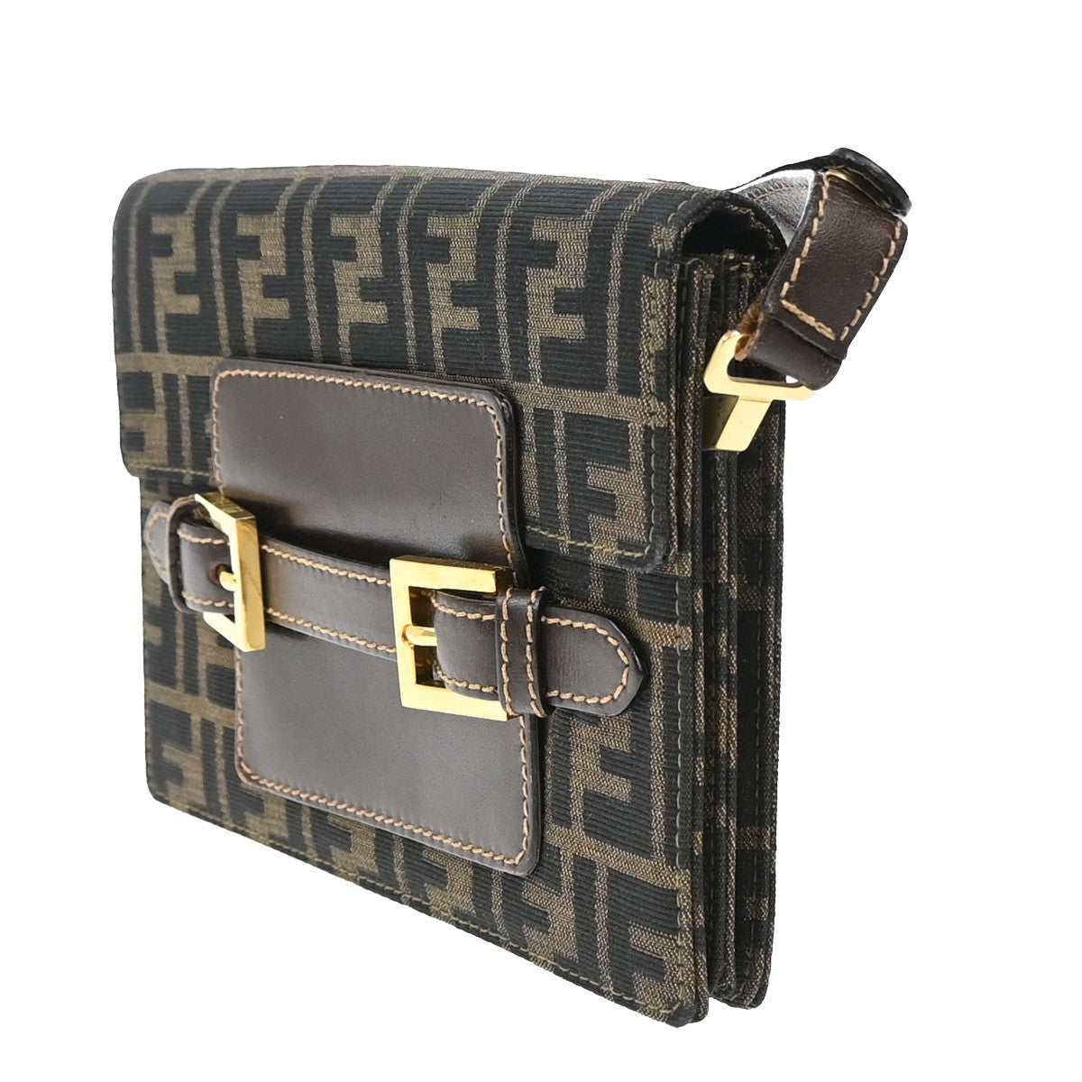 FENDI Logo Zucca Pattern Shoulder Bag Canvas Leather Brown GHW Italy 79KB388