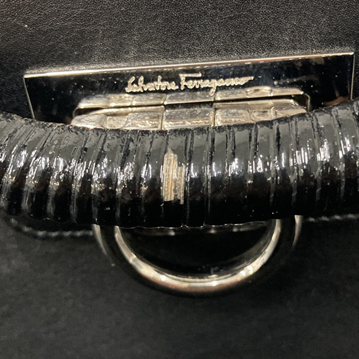 SALVATORE FERRAGAMO Gancini Hand Bag Leather Rattan Black SHW Italy 87RP105
