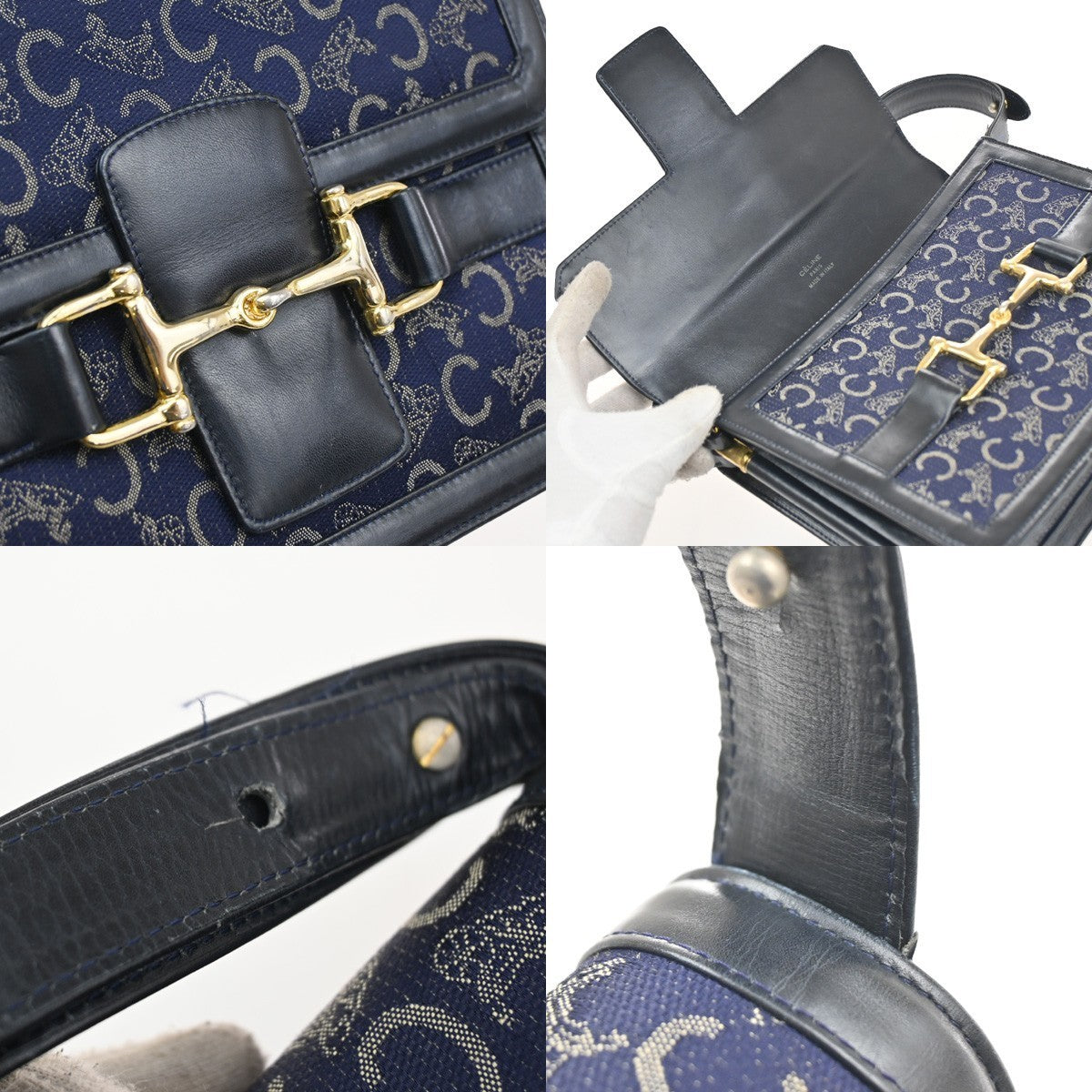 CELINE Logo C Macadam Horse Carriage Shoulder Bag Canvas Leather Navy 31CA386