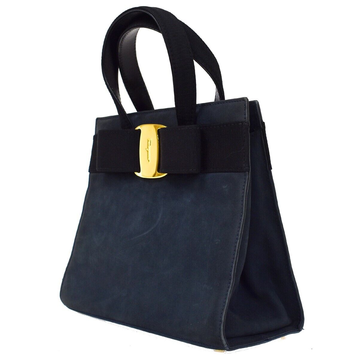 SALVATORE FERRAGAMO Vara Hand Bag Suede Leather Navy Blue Gold Italy 69EA061