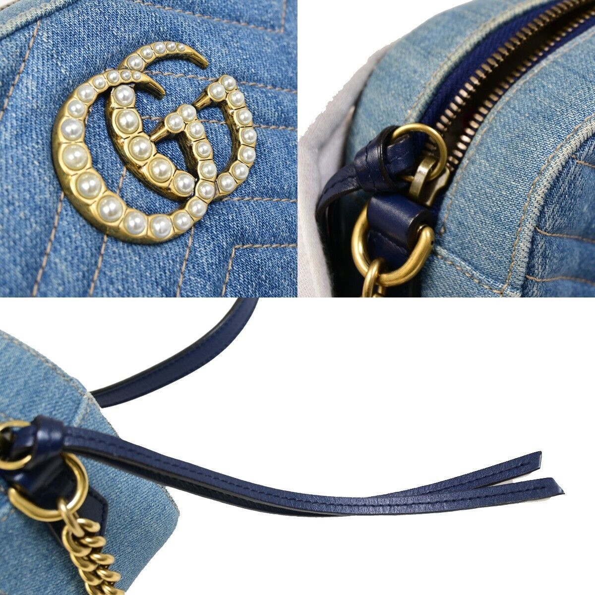 GUCCI GG Marmont Chain Shoulder Bag Imitation Pearl Leather Denim Blue 675RJ902