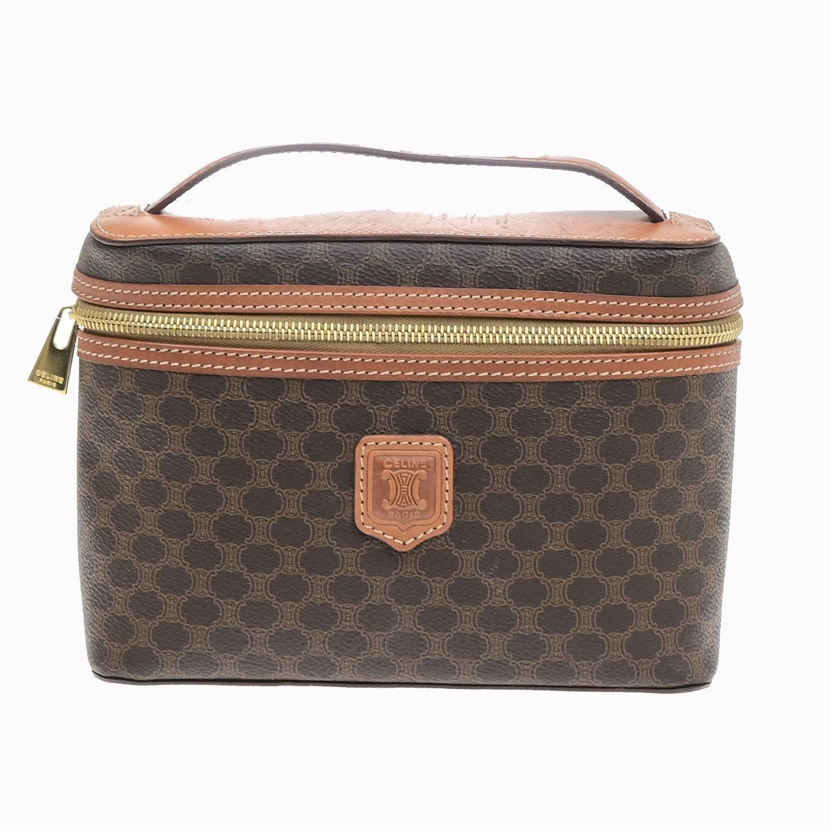 CELINE Logo Macadam Pattern Vanity Hand Bag PVC Leather Brown GHW Italy 69MA716