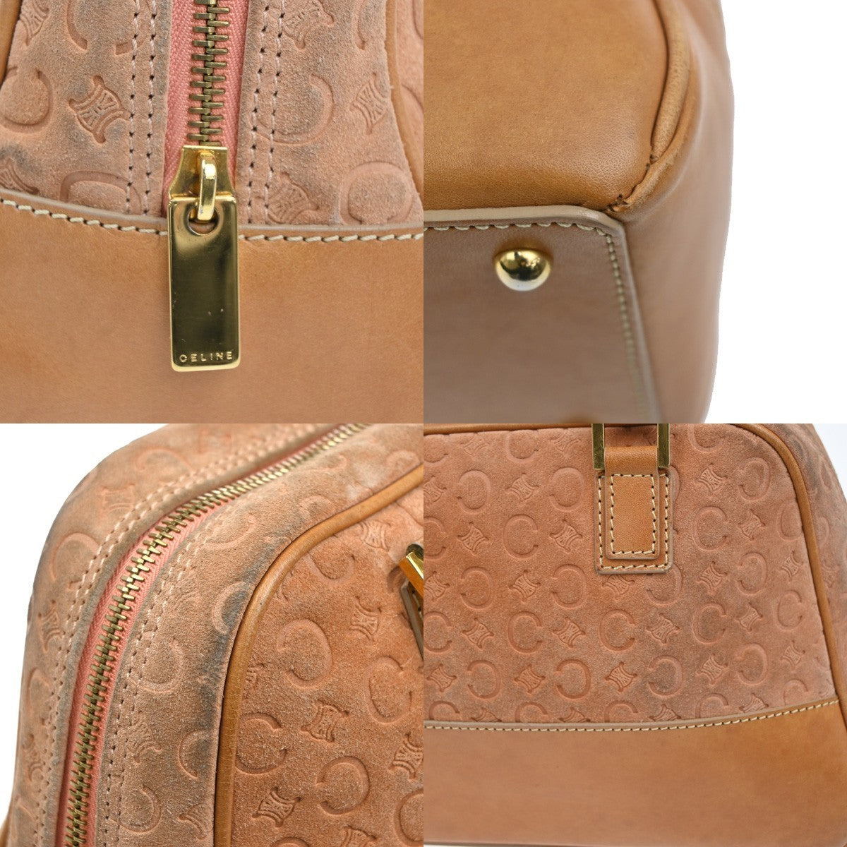 CELINE Logo C Macadam Pattern Hand Bag Suede Leather Orange Brown Italy 68MA192