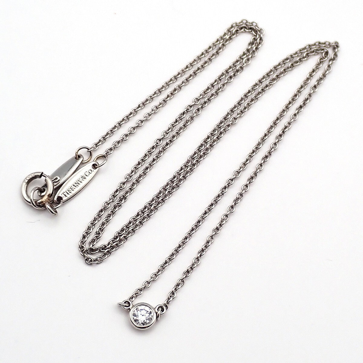 TIFFANY & CO. By The Yard Single Diamond Pendant Necklace Pt 950 Silver 10RK965