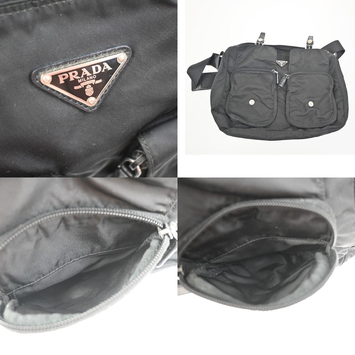 PRADA MILANO Tessuto Plate Messenger Bag Nylon Leather Black SHW Italy 02ZA370