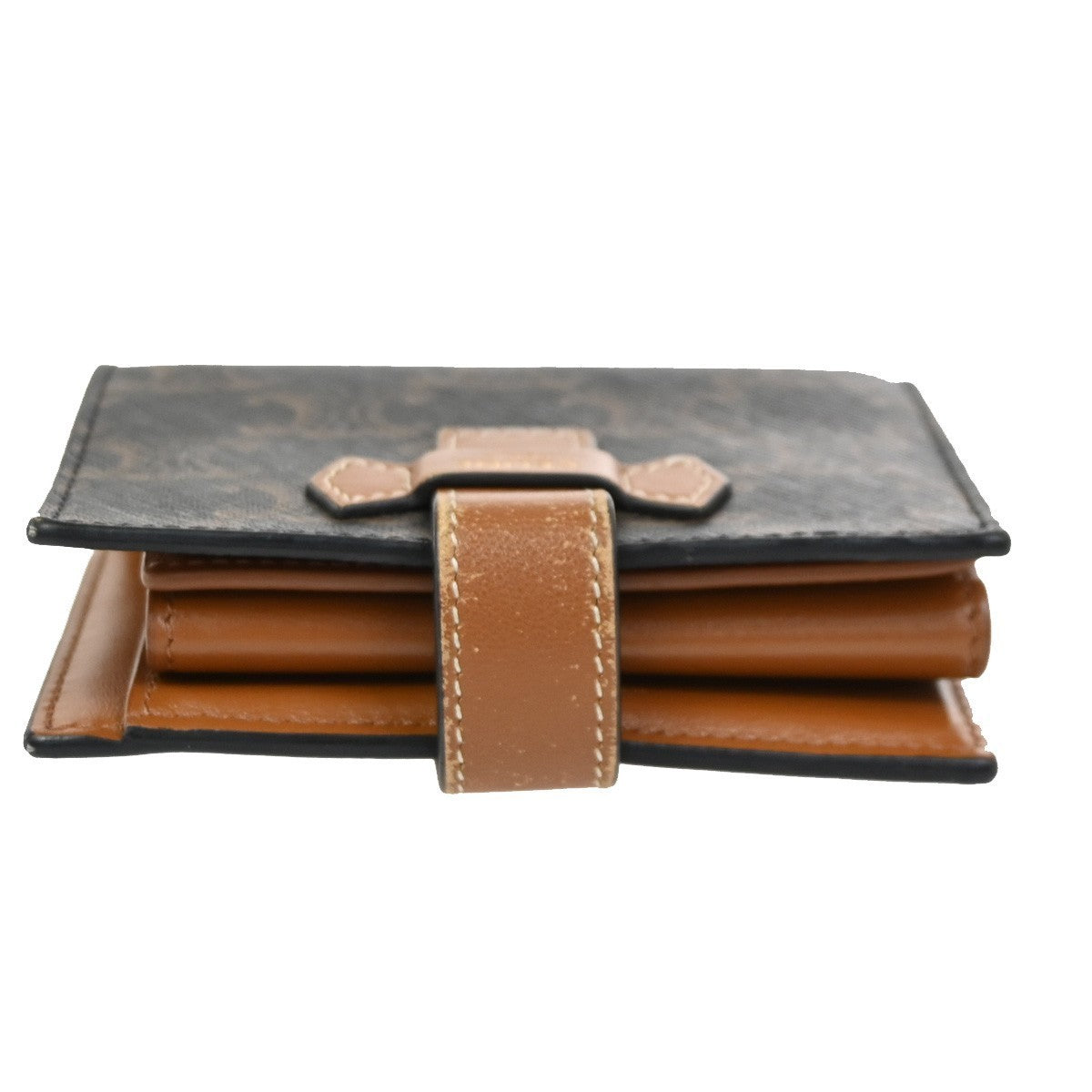 CELINE Strap Bifold Wallet Purse Triomphe Canvas Leather Brown BK Italy 65KC629