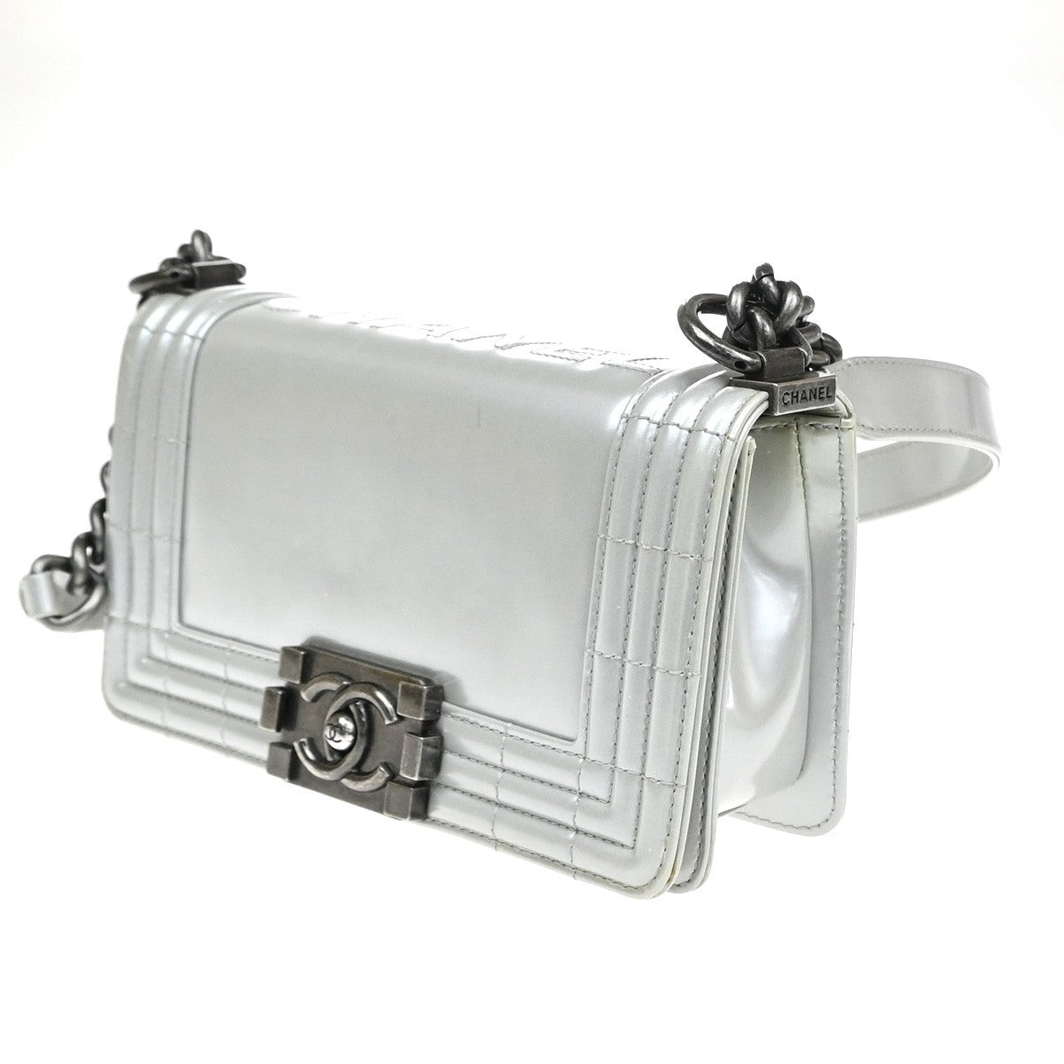 CHANEL Boy CC Chain Shoulder Bag Leather Silver SHW Italy 627RP168