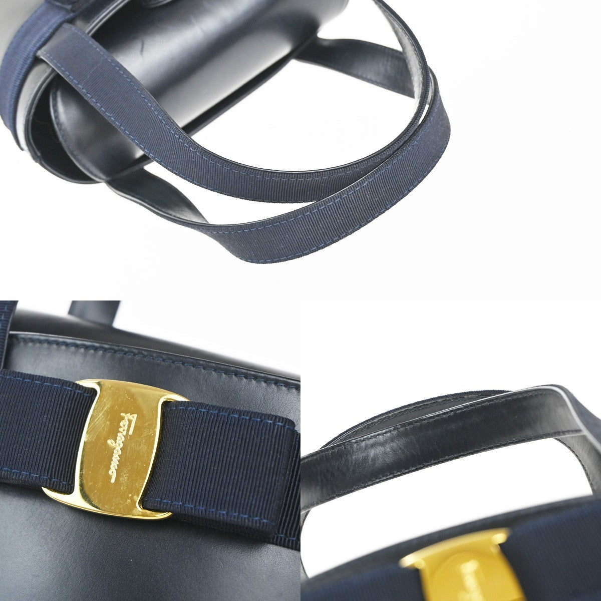 SALVATORE FERRAGAMO Logo Vara Hand Bag Leather Canvas Navy Blue GHW 80EG283