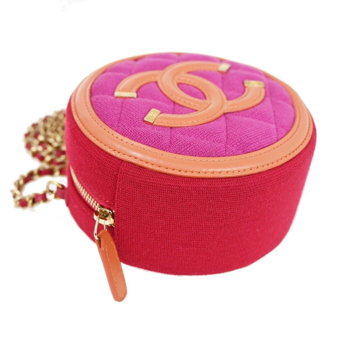 CHANEL CC Round Mini Chain Shoulder Bag Canvas Leather Red Magenta 377RH640