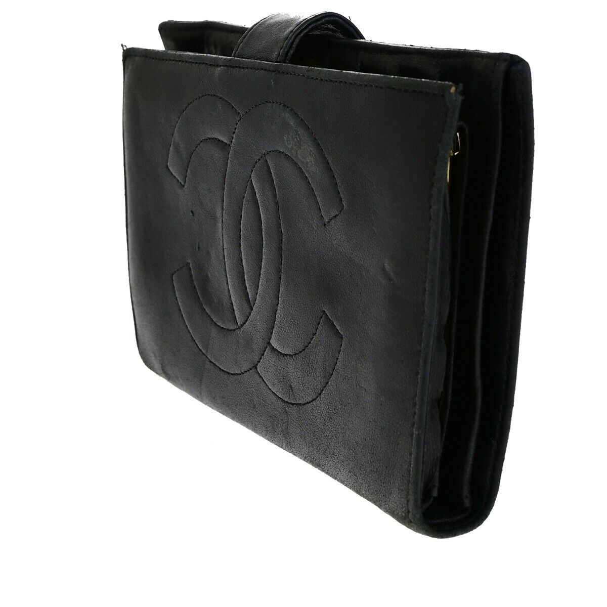 CHANEL CC Long Bifold Wallet Purse Leather Black GHW France Vintage 09EB001