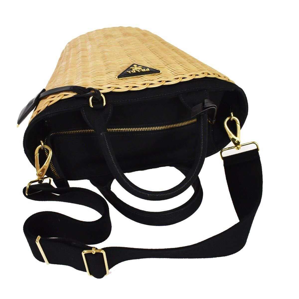 PRADA Logo Midollino Wicker 2Way Shoulder Hand Bag Canvas Leather Black 631RH131