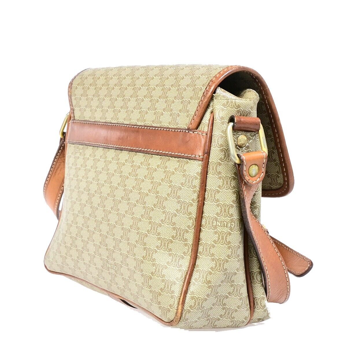 CELINE Logo Macadam Pattern Shoulder Bag PVC Leather Beige Italy 09EB602