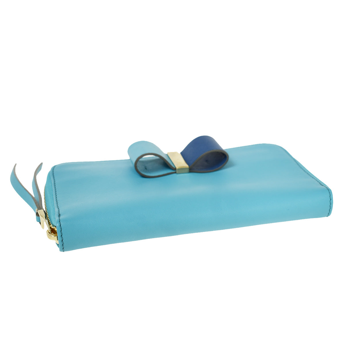 CHLOE Logo Long Leather Bow Wallet Purse Ribbon Blue Gold Bulgaria 68YA303