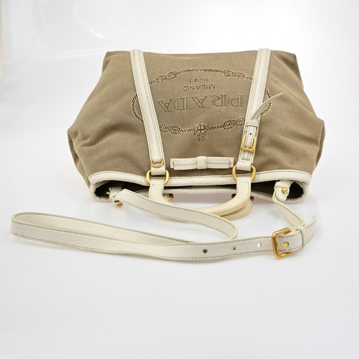 PRADA Jacquard 2way Shoulder Hand Bag Canvas Leather Beige White Italy 65KD221