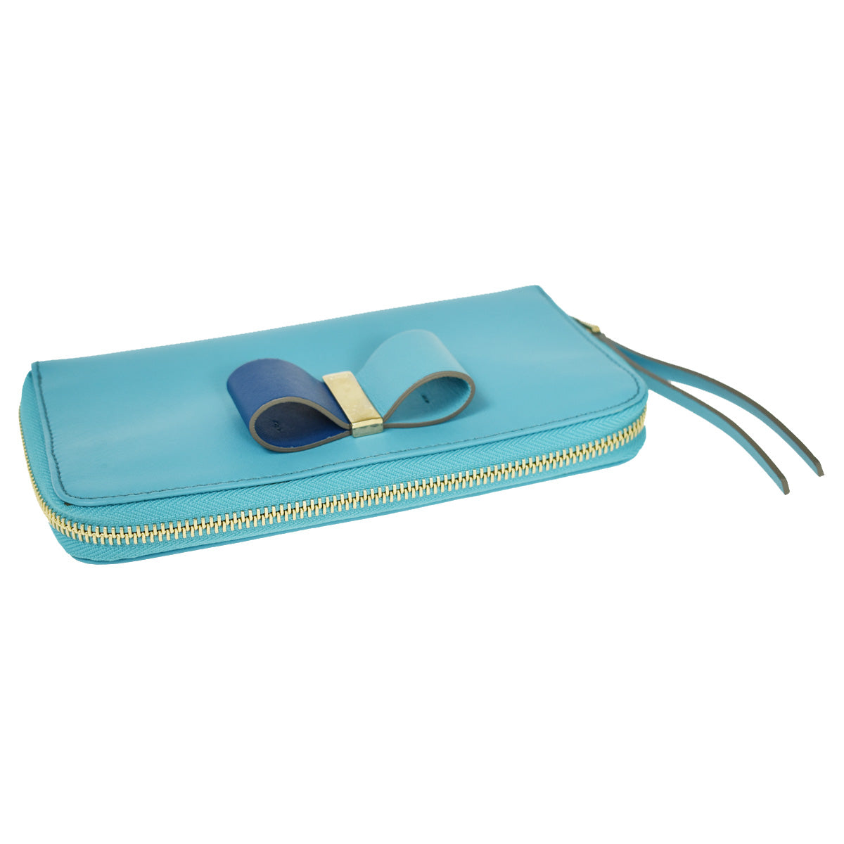 CHLOE Logo Long Leather Bow Wallet Purse Ribbon Blue Gold Bulgaria 68YA303