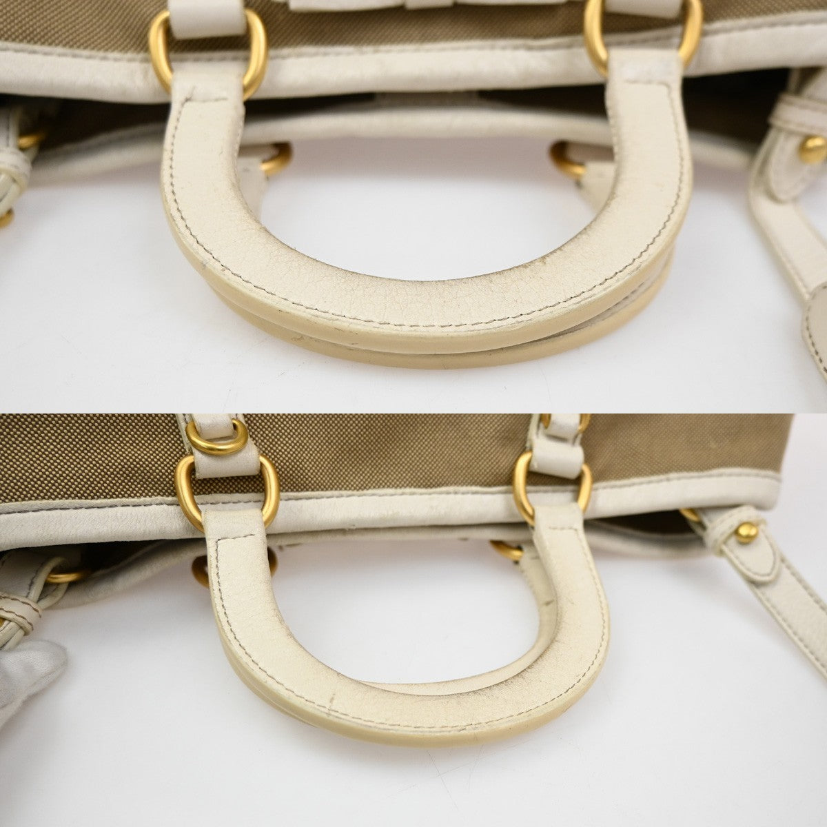 PRADA Jacquard 2way Shoulder Hand Bag Canvas Leather Beige White Italy 65KD221